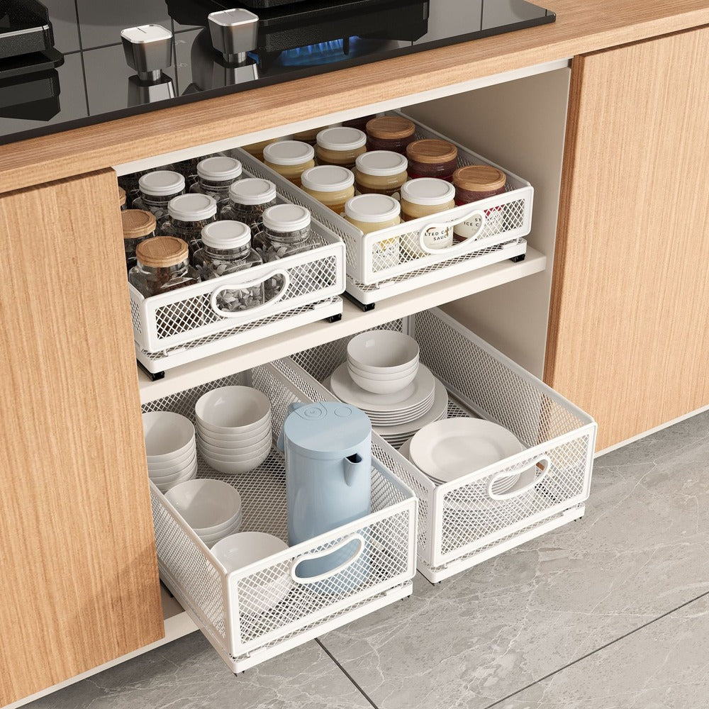 Sliding cabinet baskets holding spices, bowls and dishes