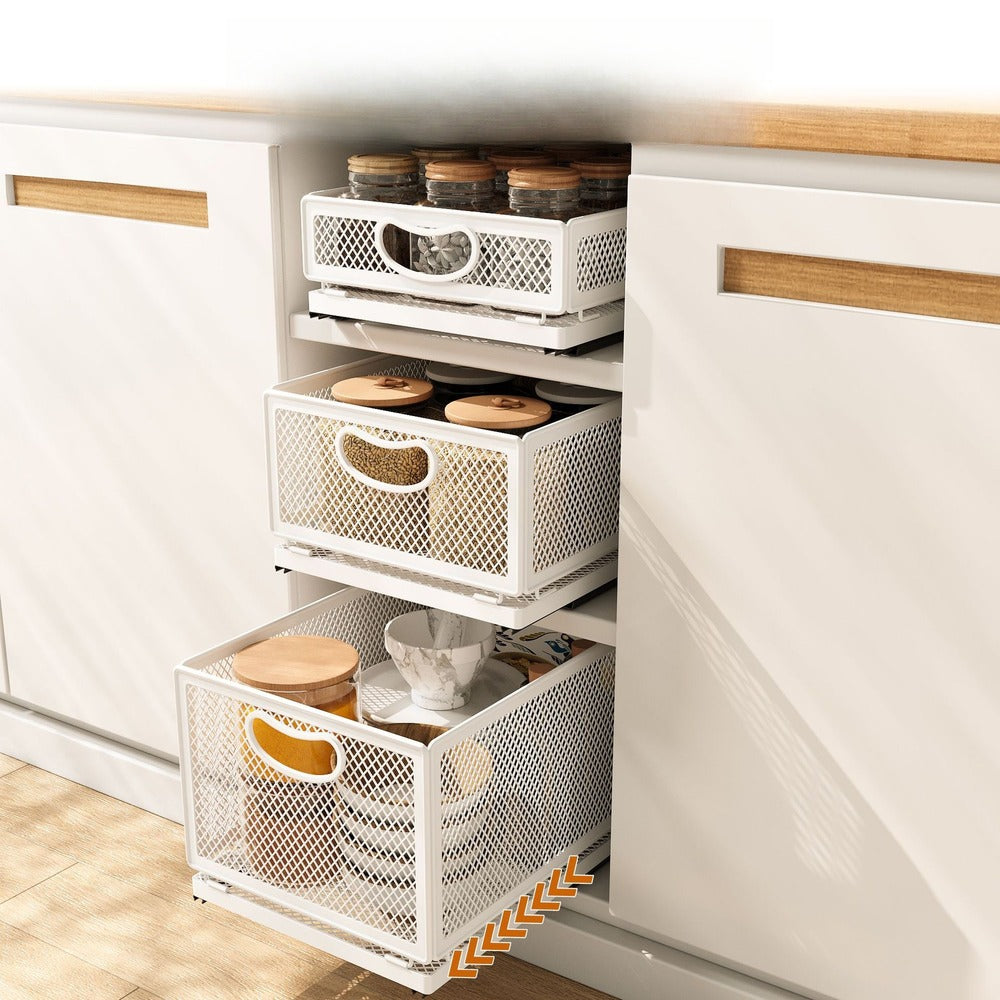 Three pull-out mesh drawers in a narrow cabinet