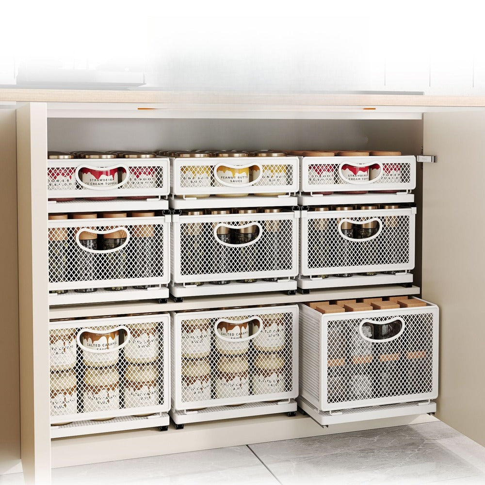 Rows of white sliding baskets on cabinet shelves