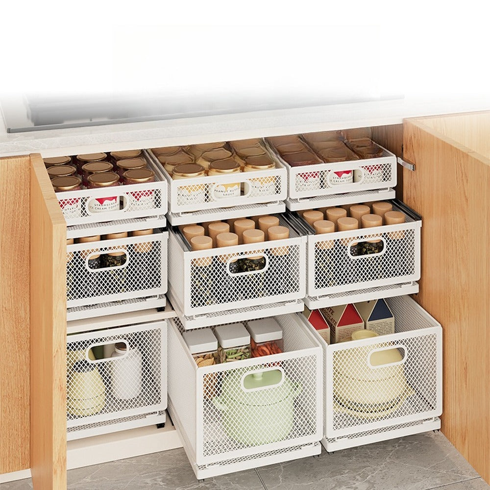 Pantry jars and cookware in sliding mesh baskets