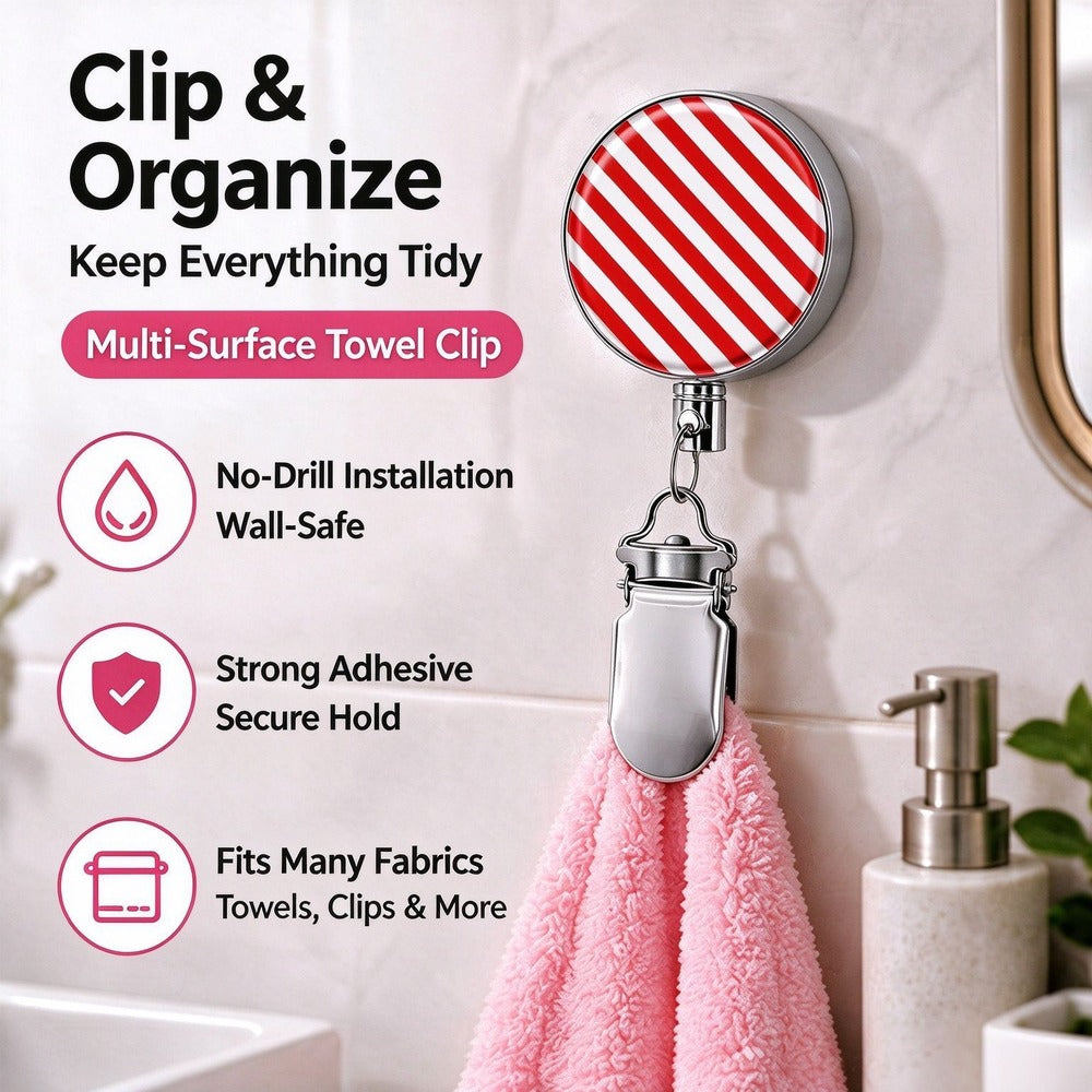 Retractable towel clip holding a pink towel