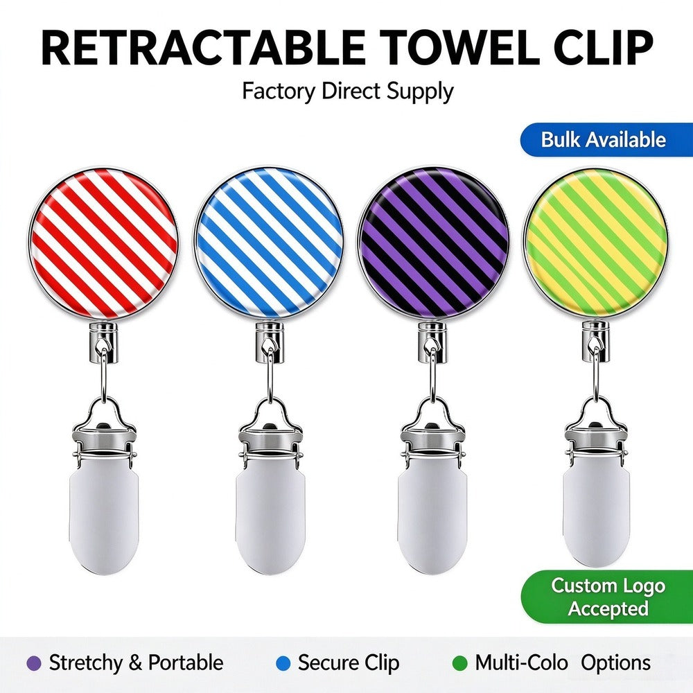 Retractable towel clips in four stripe colors