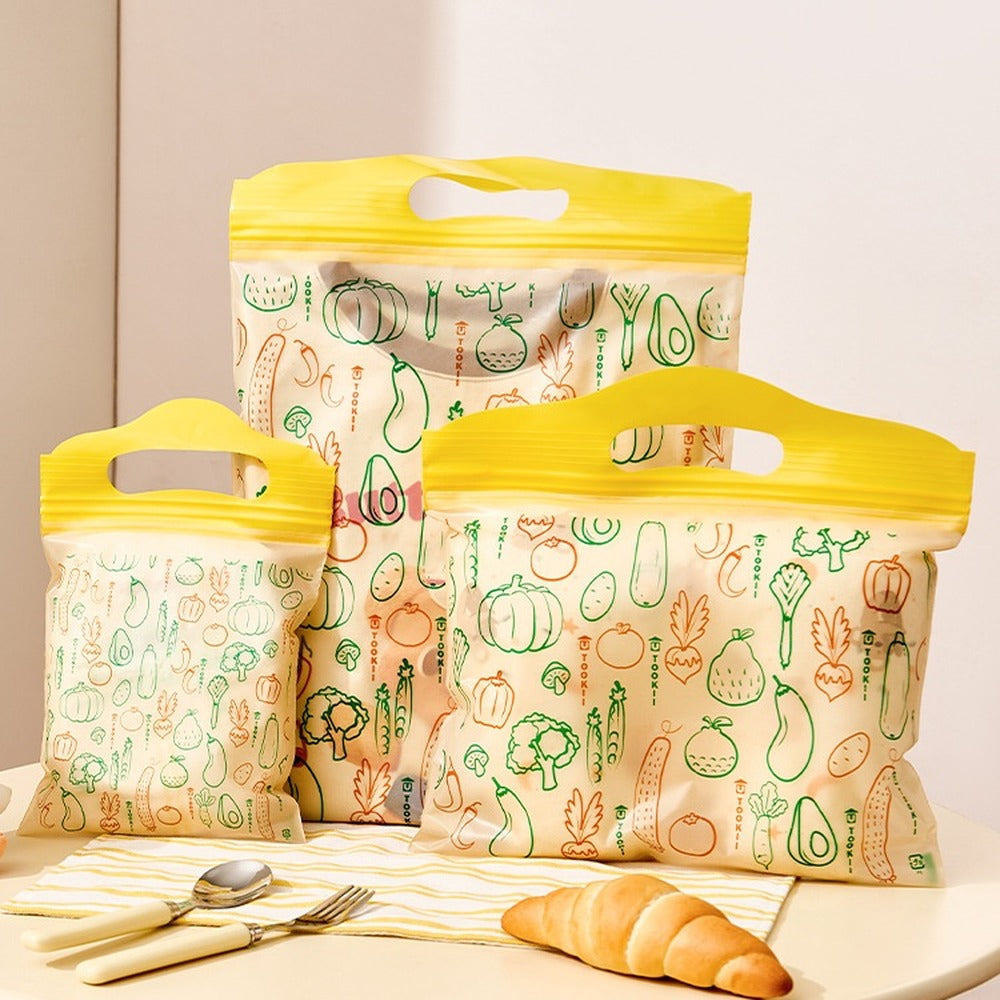 Bags of produce on the kitchen counter