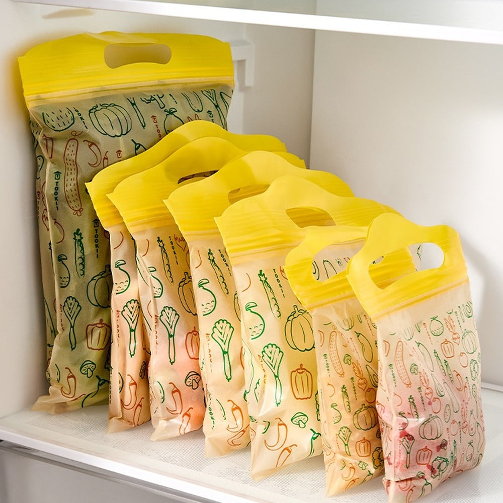 Handle bags lined up in the fridge
