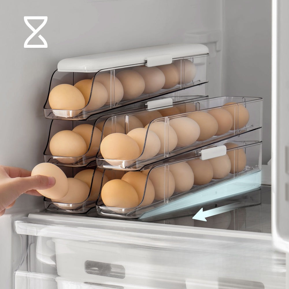 Taking an egg from the rolling tray in the fridge
