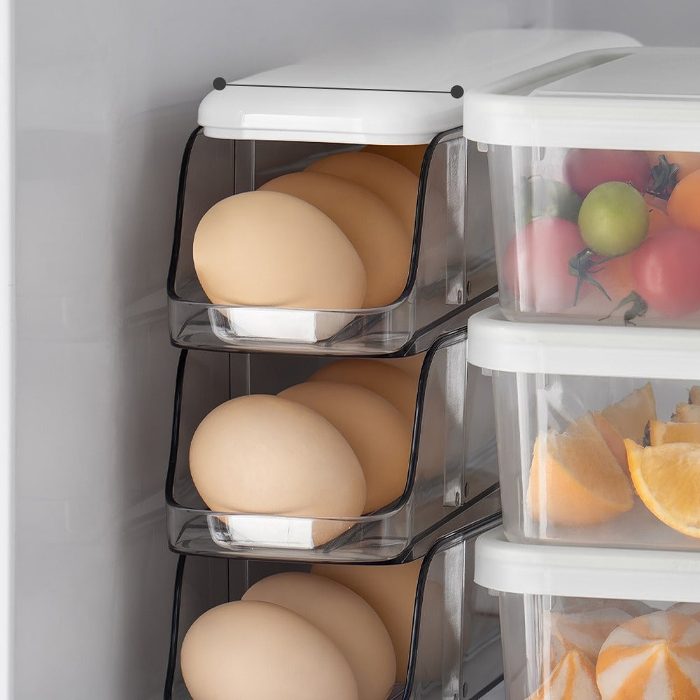 Slim egg holder beside fridge containers