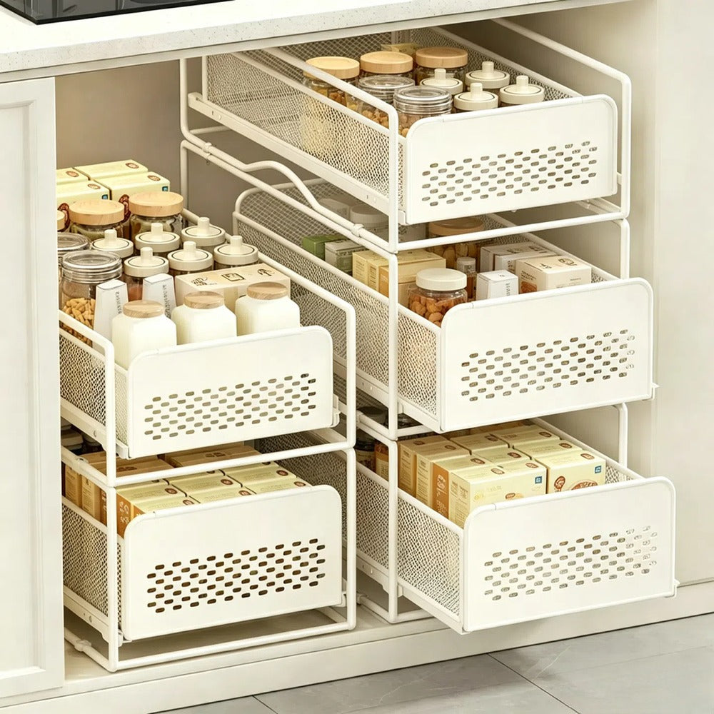 Stacked pull-out baskets organizing a pantry cabinet