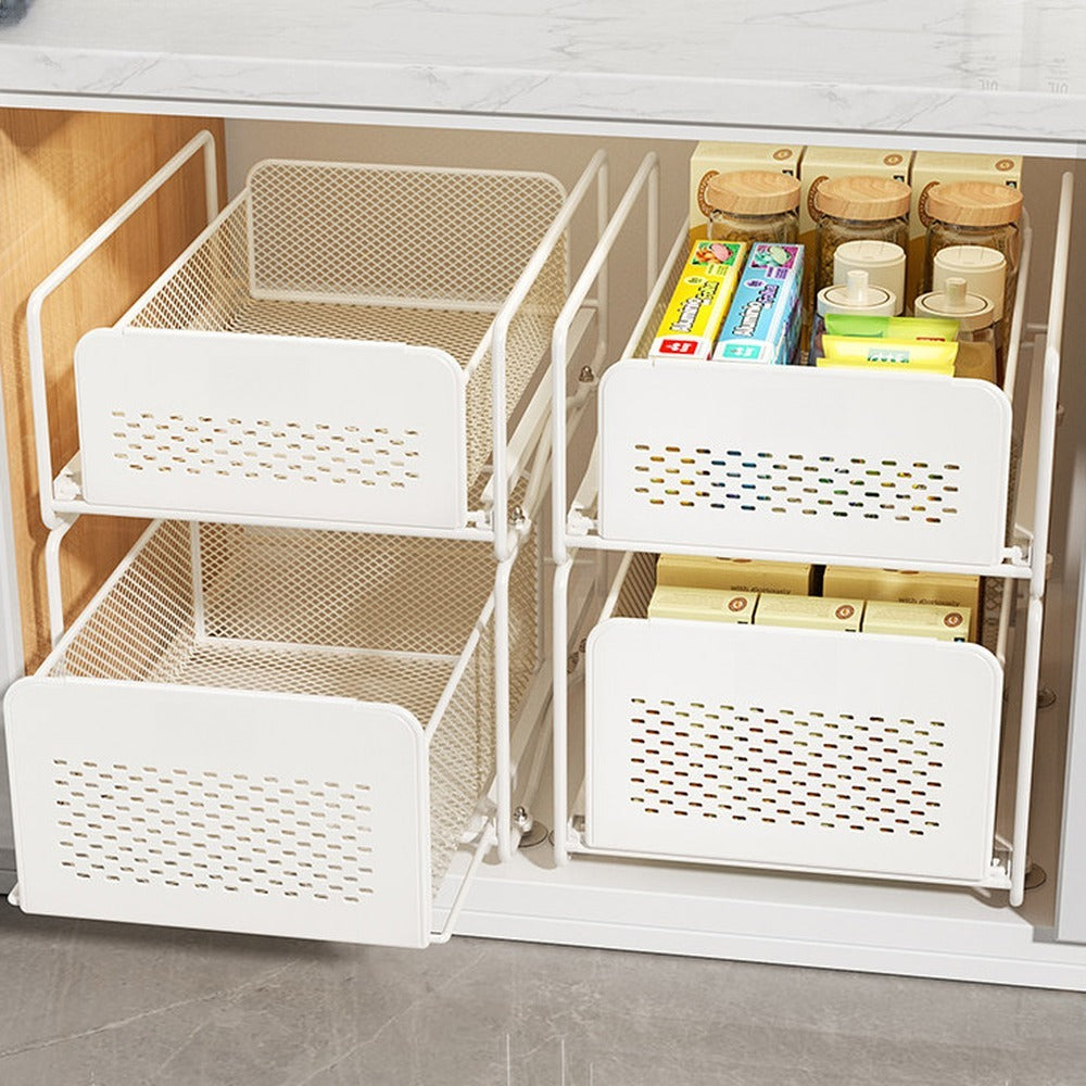 Single and stacked drawer baskets side by side