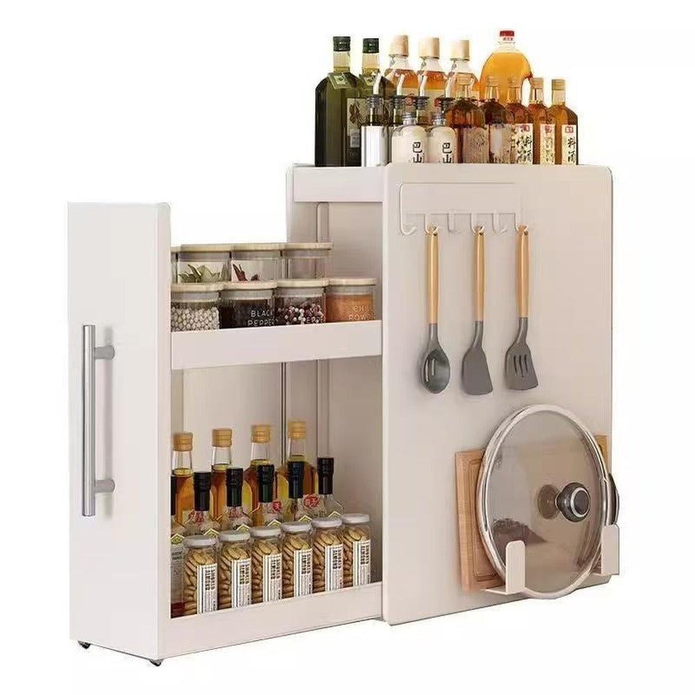 Pull-out spice rack with utensils and lid