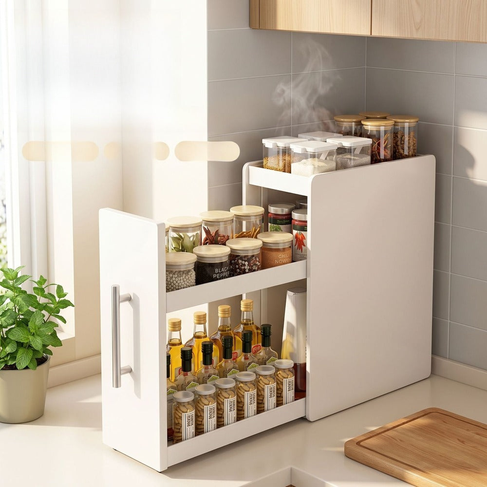 Pull-out shelves full of spices