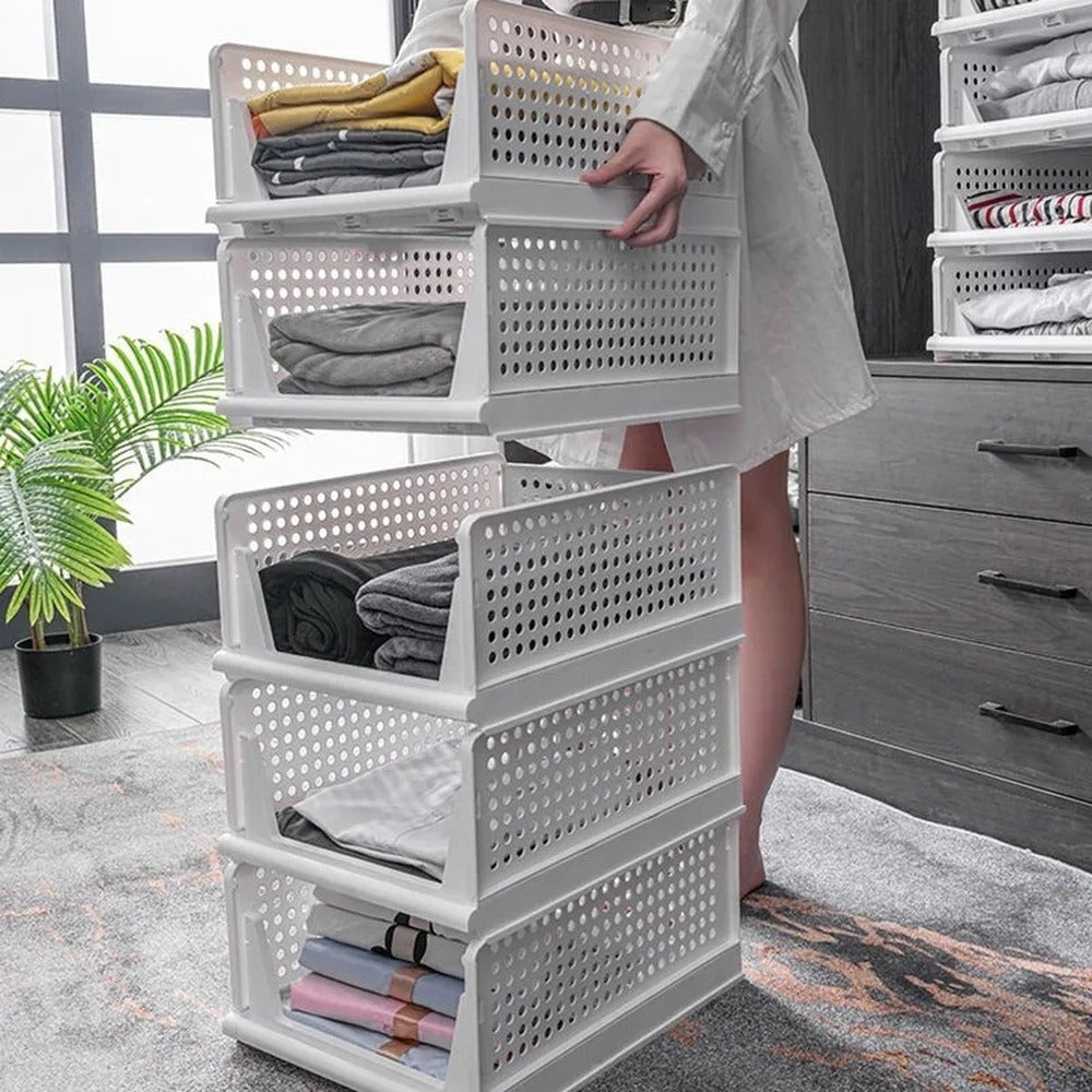 Stacked pull-out closet drawers with clothes