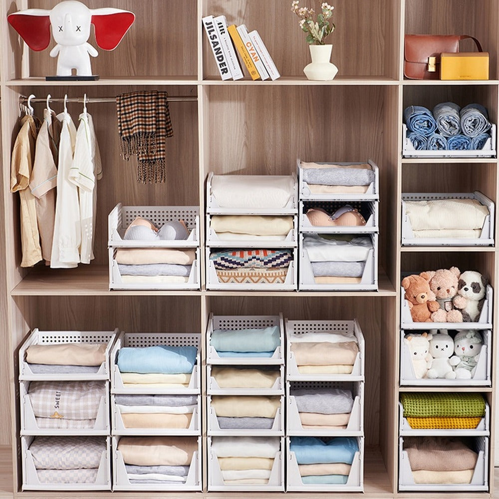 Closet shelves organized with baskets