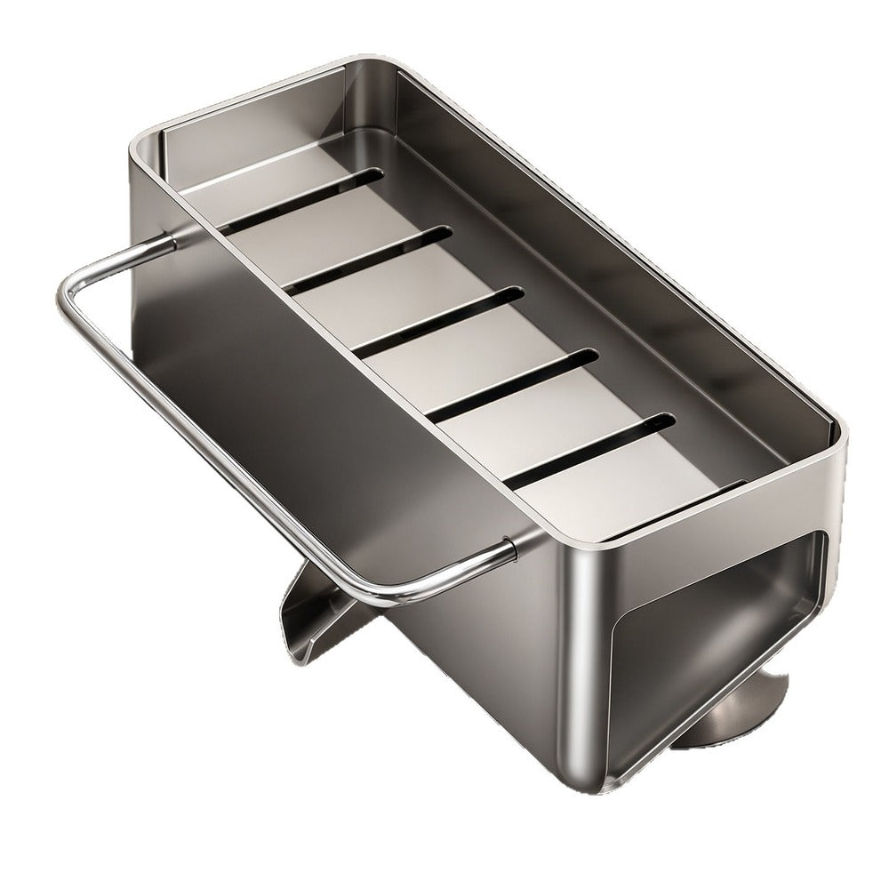 Sink caddy with slotted stainless steel top and towel bar