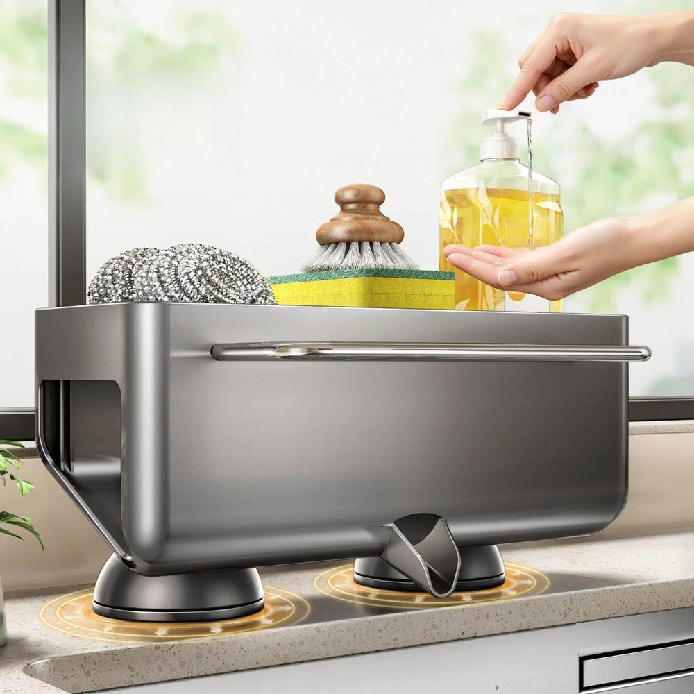 No-drill suction cup sink organizer holding sponge and soap