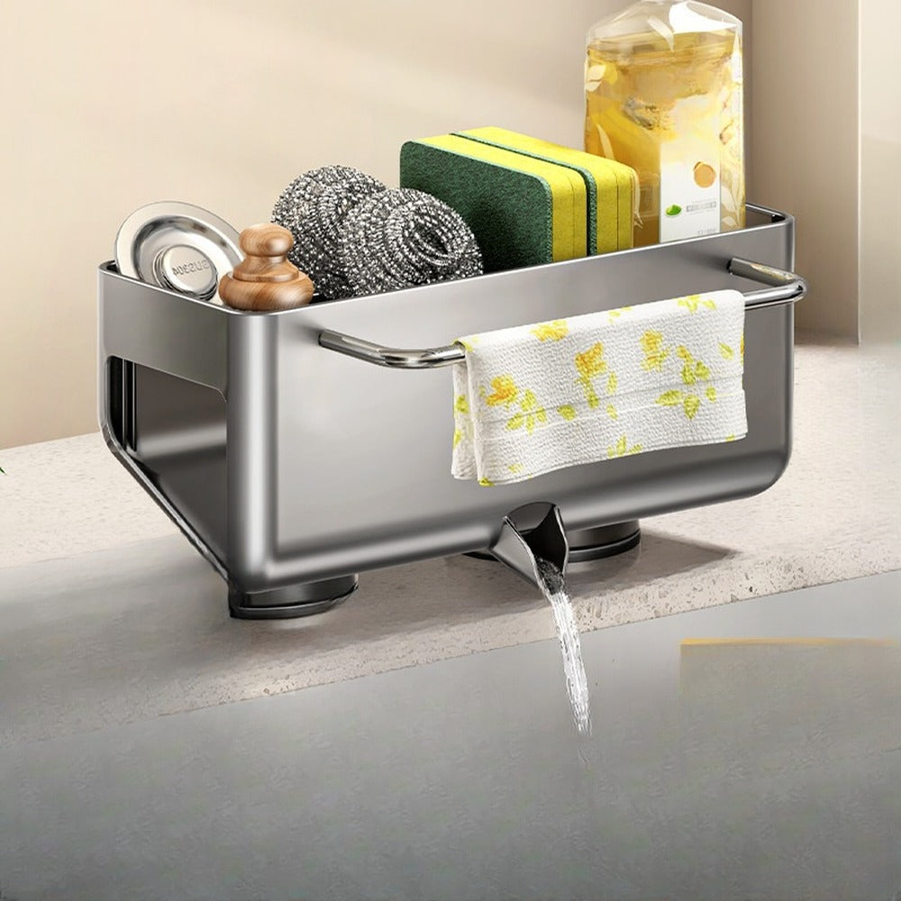 Gunmetal gray sink caddy with dishcloth