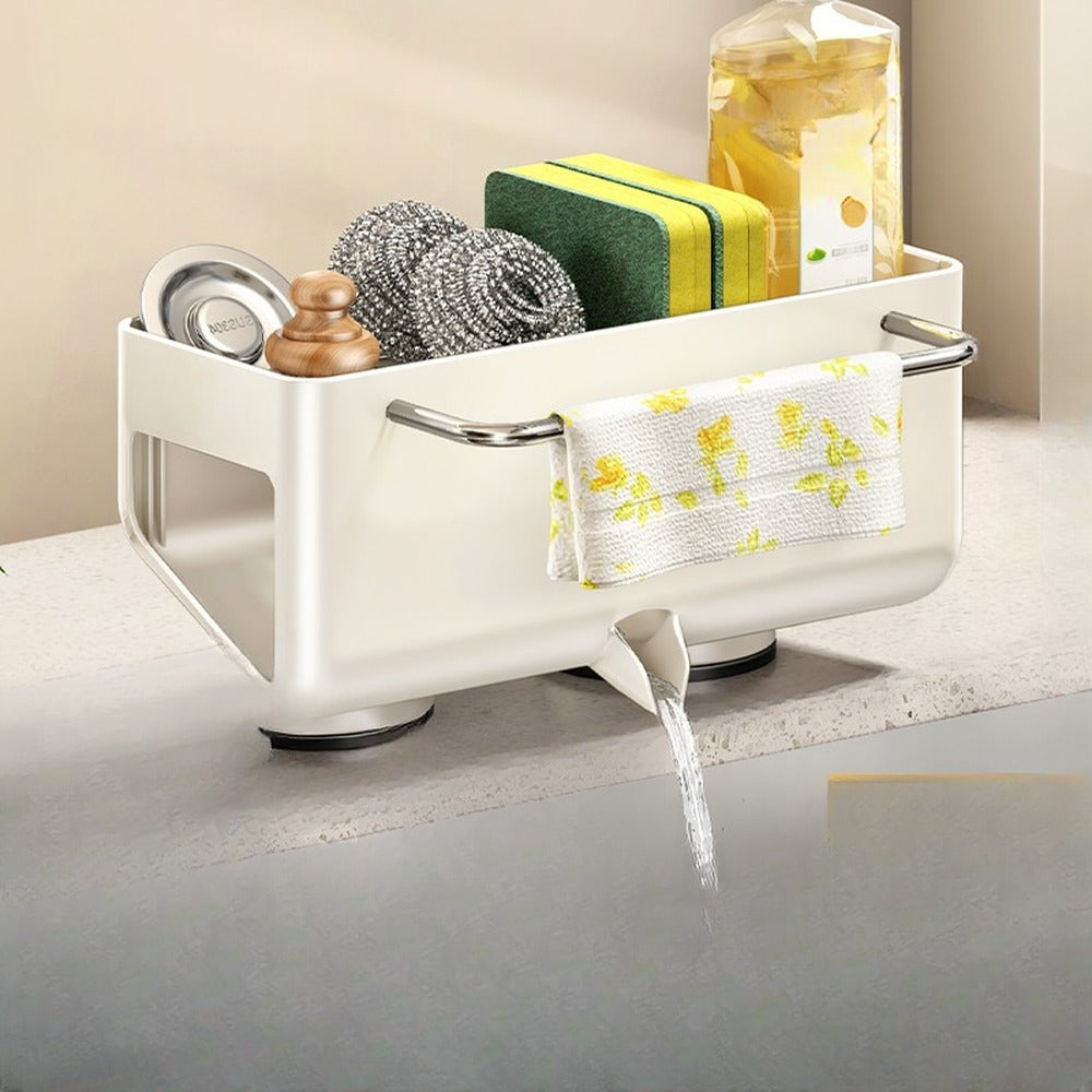 Cream white sink caddy with dishcloth