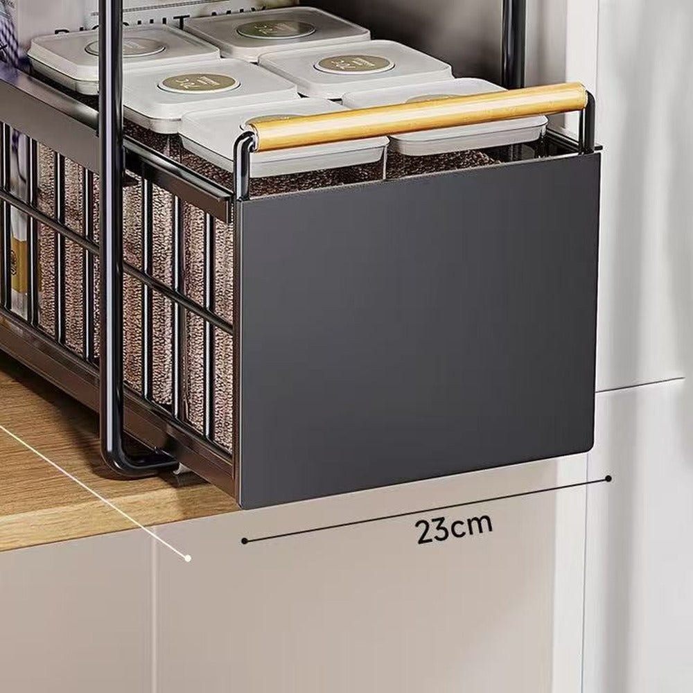 Pull-out drawer with solid front panel and wood-tone handle
