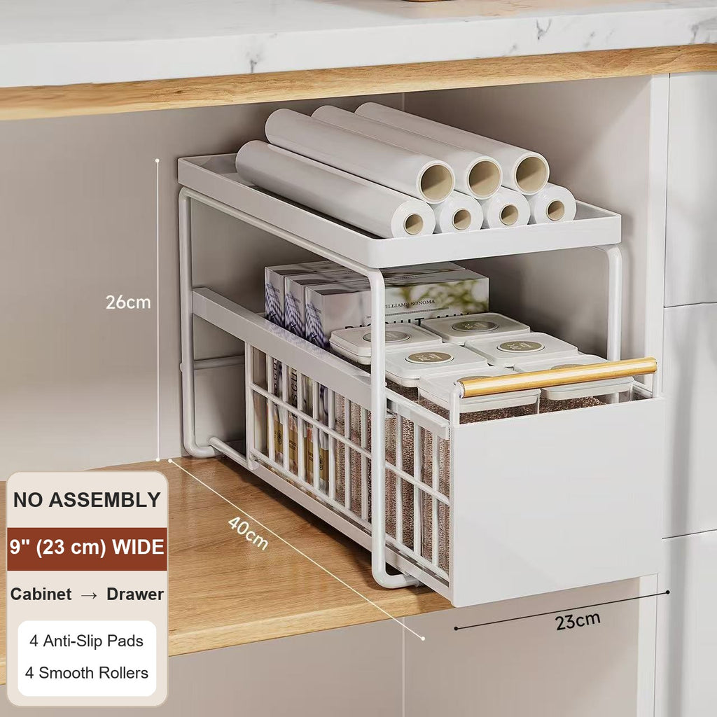 Under-sink pull-out drawer organizer with top shelf, Cream White
