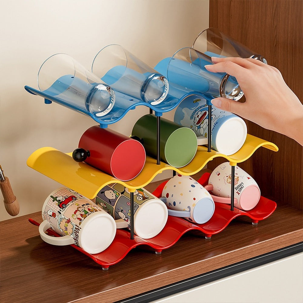 Mugs stored on wave tiers