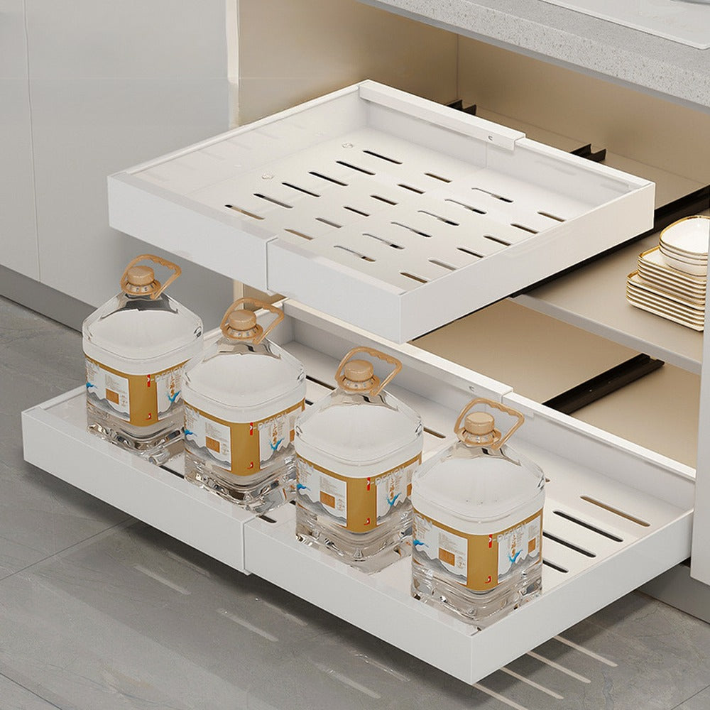 Pull-out cabinet trays loaded with oil bottles and dishes