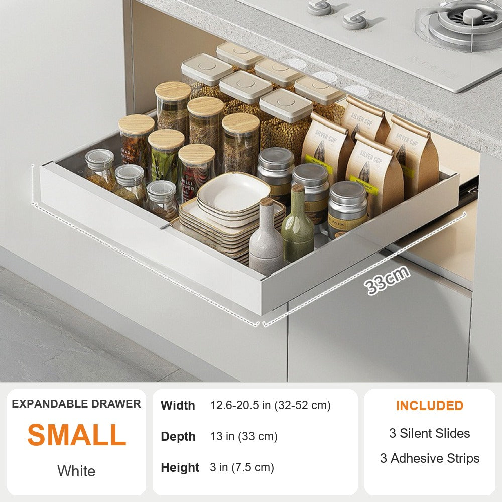 White sliding cabinet drawer, Small: 12.6-20.5" W x 13" D